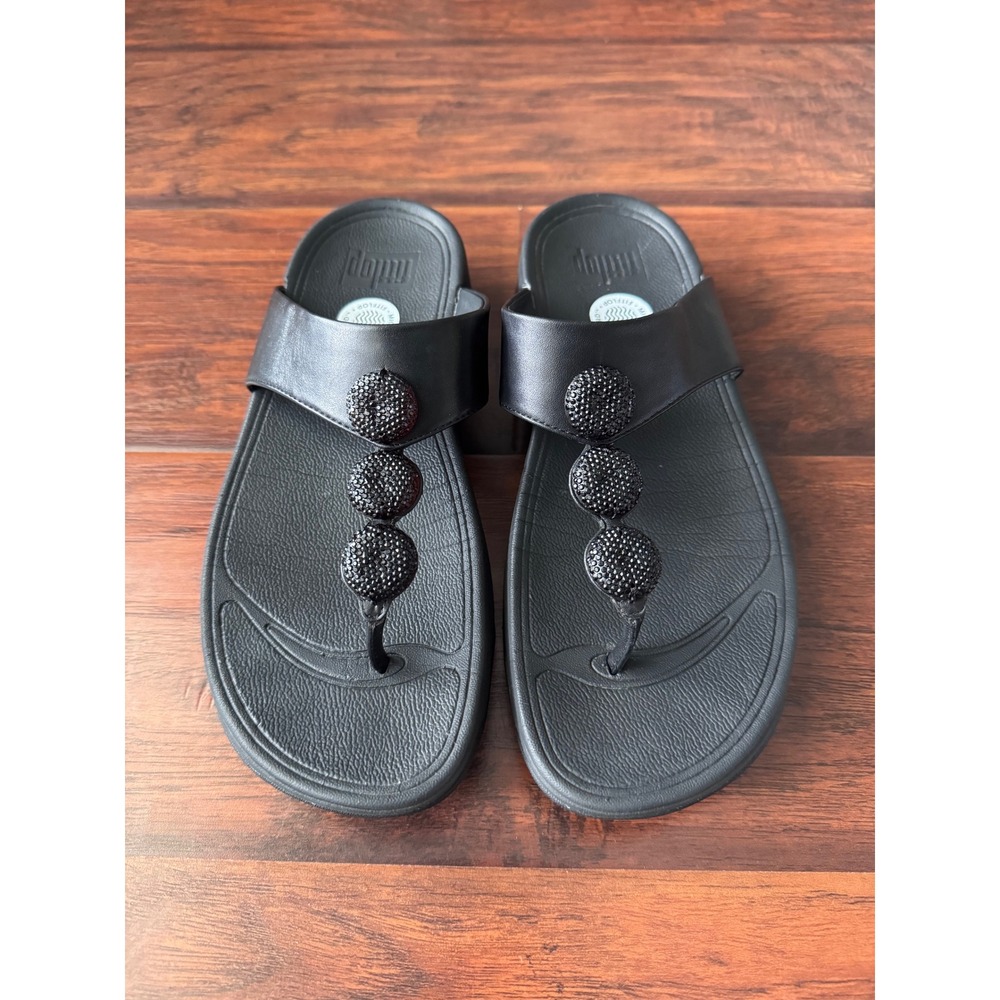 FitFlop "Petra" Black Crystal Beaded Leather Thong Sandals Sz 8 Comfortable Walk